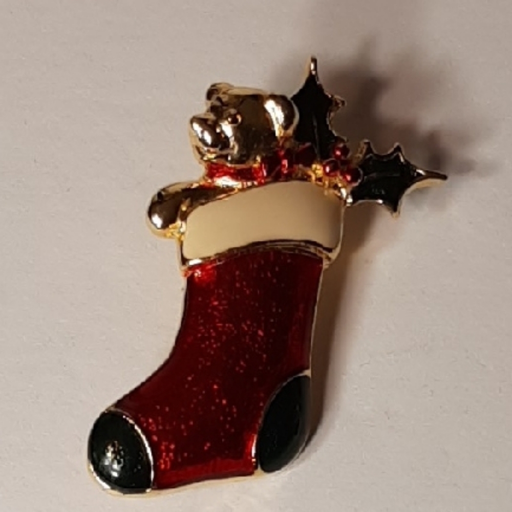 Vintage Steinmetz Stocking Brooch w/ Teddy Bear & Holly, Made In U.S.A.